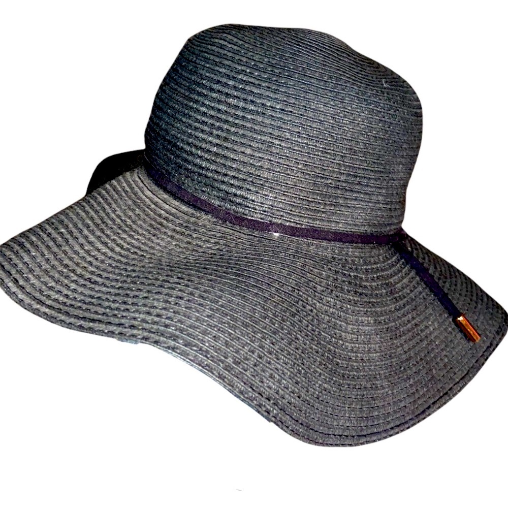 H & M Black Wide Brim Thin Ribbon Gold Tone Ends Floppy Hat